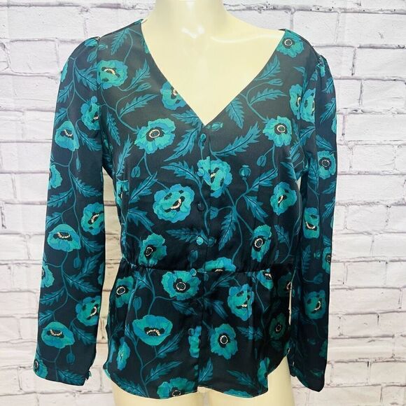 J. Crew Women's Black Green Floral Satin Back Crepe Button-Front Blouse Size 2 - Picture 1 of 7